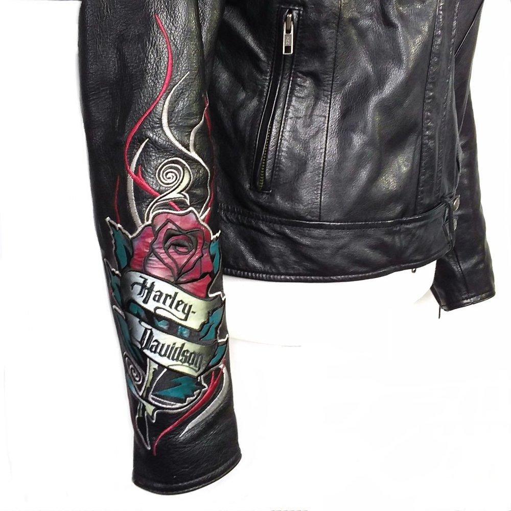 Harley Davidson Black Leather Moto Jacket Embroidered Logo Rose Size Medium - Picture 6 of 12